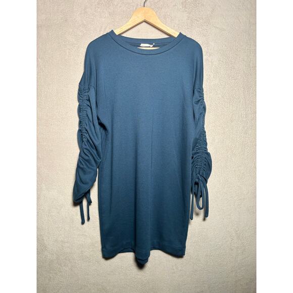 Lush Anthropologie Blue Long Sleeve Sweater Dress Ruched Arms Womens Size Large - Picture 1 of 7
